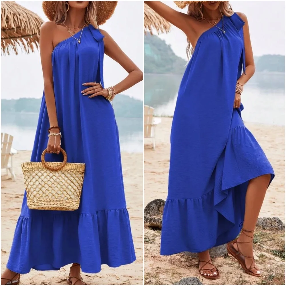 Solid One Shoulder Tie Ruffle Hem Maxi Dress - Picture 5 of 6